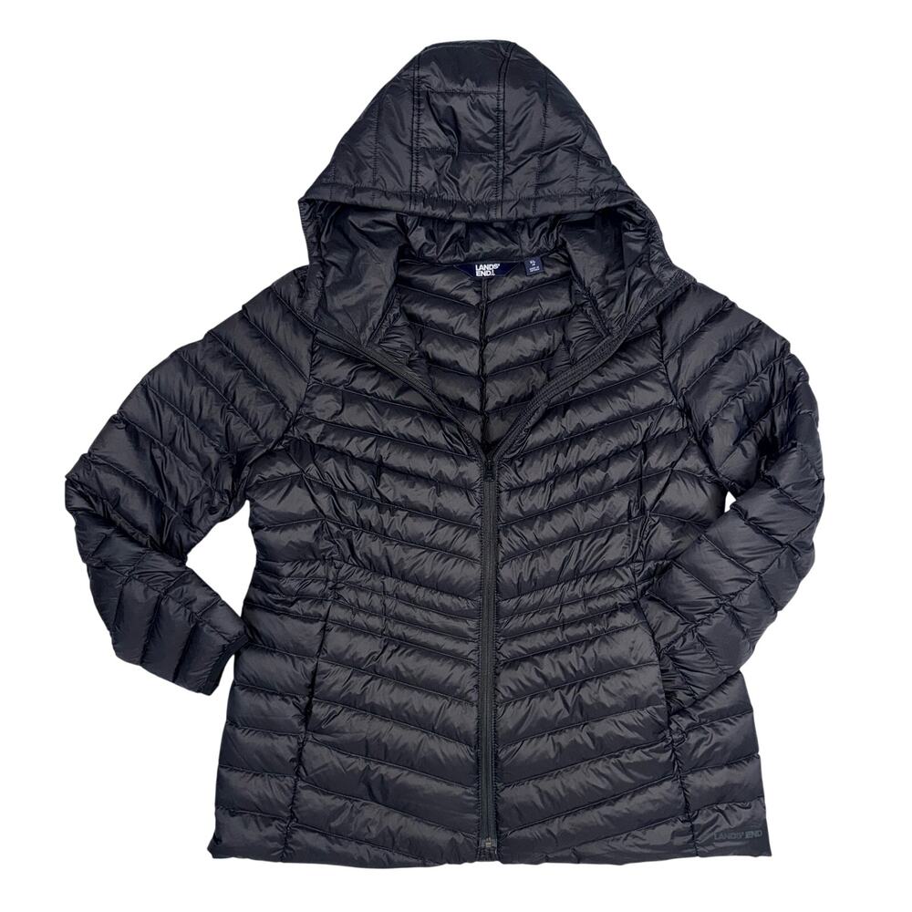 LANDS’ END 90% Down Jacket Women Sz XL Lightweight Black Hooded